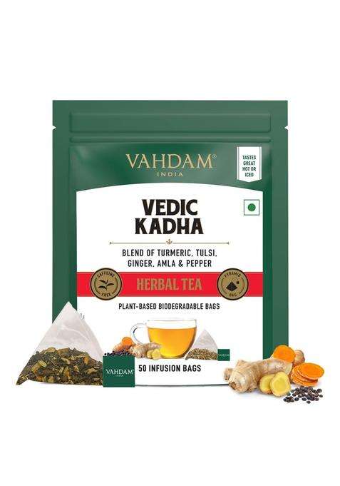 Vahdam Vedic Kadha Infusion Bags | 50 Pyramid Bags | Caffeine Free | Botanical Tisane | Earthy & Savory | Resealable Ziplock Pouch