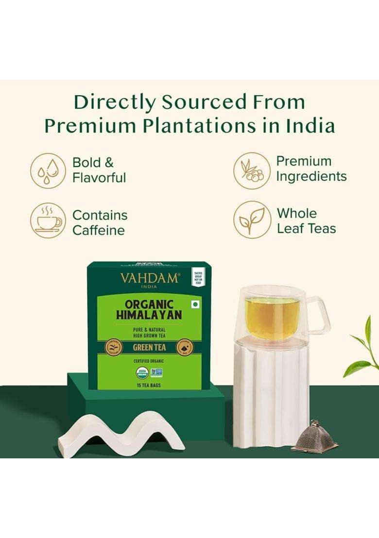 Vahdam Organic Himalayan Green Tea | 15 Tea Bags | Weight Loss, Stress Relief, Antioxidant-Rich, Low Caffeine | Iced or Hot Brew - Indya