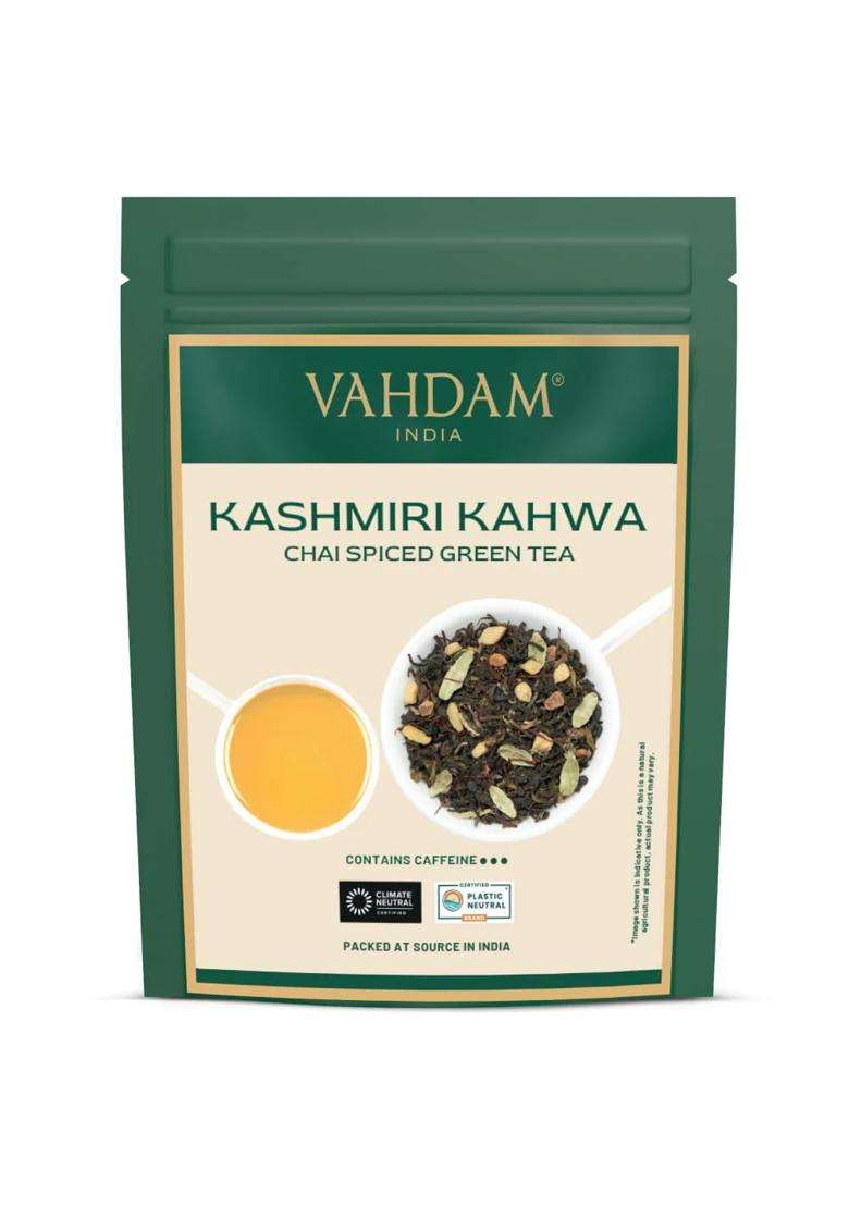 Vahdam Kashmiri Kahwa Loose Leaf 100 g | 50 Cups | Saffron, Cardamom, Cinnamon & Almond | Supports Digestion, Immunity & Detox | Non-GMO - Indya