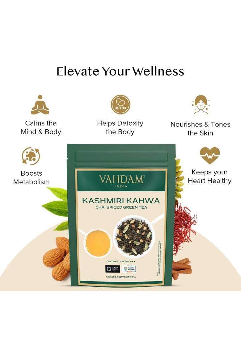 Vahdam Kashmiri Kahwa Loose Leaf 100 g | 50 Cups | Saffron, Cardamom, Cinnamon & Almond | Supports Digestion, Immunity & Detox | Non-GMO - Indya