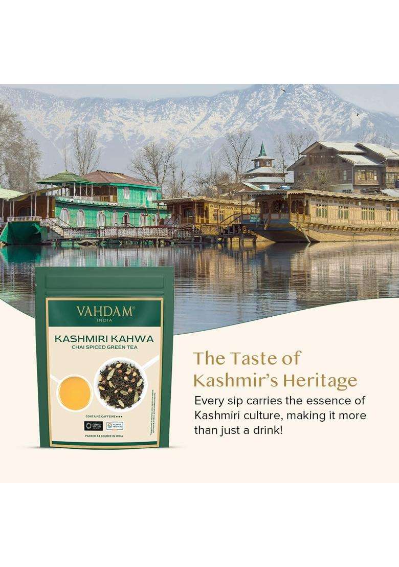 Vahdam Kashmiri Kahwa Loose Leaf 100 g | 50 Cups | Saffron, Cardamom, Cinnamon & Almond | Supports Digestion, Immunity & Detox | Non-GMO - Indya