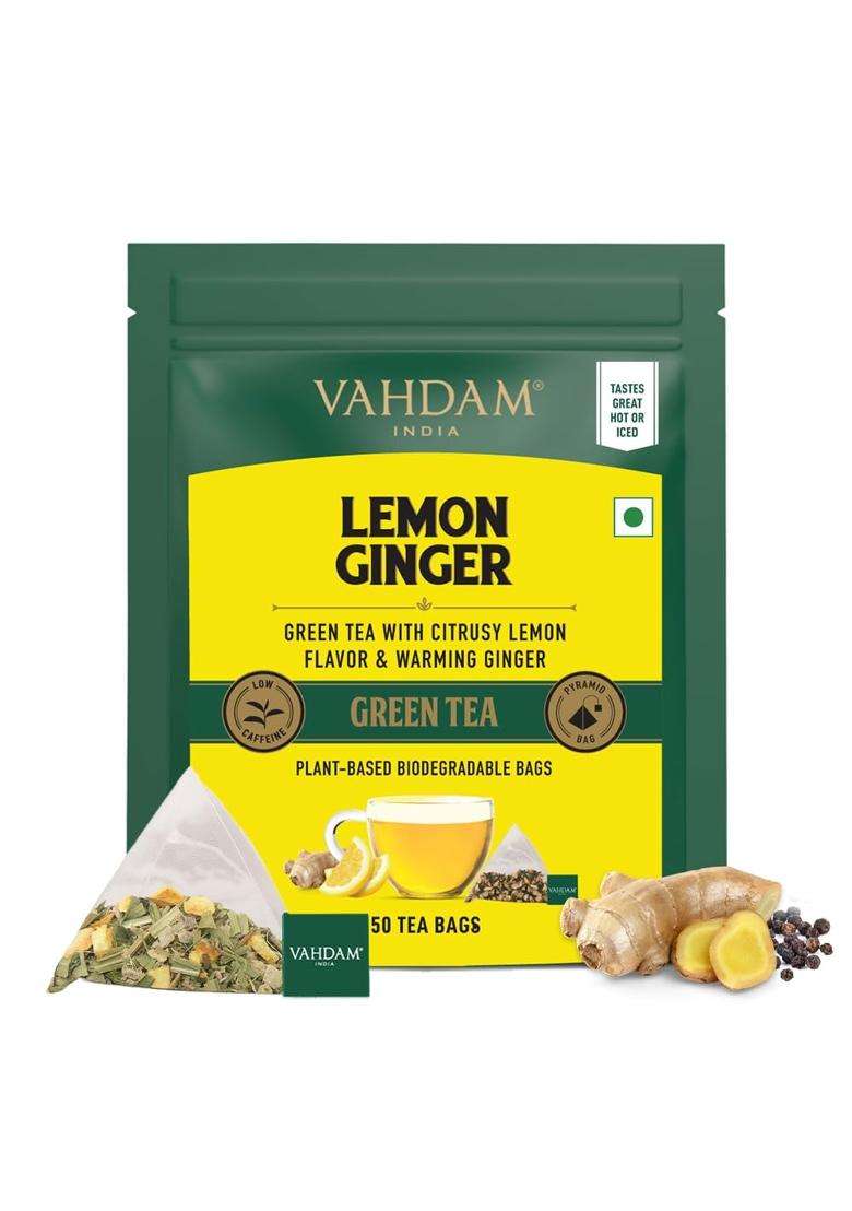 Vahdam Lemon Ginger Green Tea | 50 TB | Boosts Metabolism & Supports Immunity | Ginger, Tulsi, Orange Peel & Black Pepper | Low Caffeine | Non-GMO - Indya