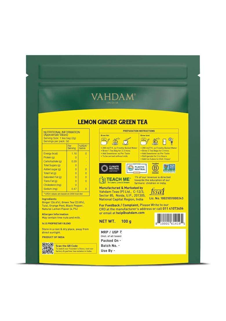 Vahdam Lemon Ginger Green Tea | 50 TB | Boosts Metabolism & Supports Immunity | Ginger, Tulsi, Orange Peel & Black Pepper | Low Caffeine | Non-GMO - Indya
