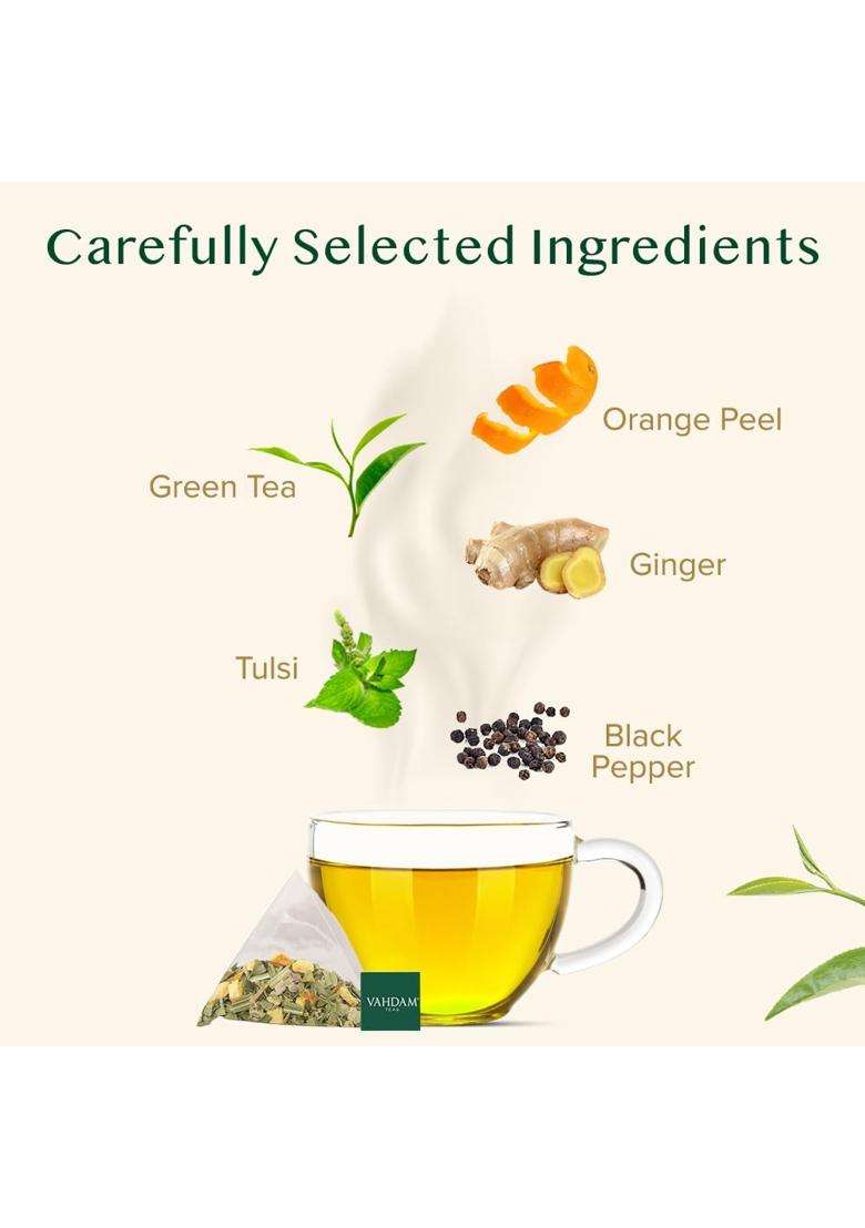 Vahdam Lemon Ginger Green Tea | 50 TB | Boosts Metabolism & Supports Immunity | Ginger, Tulsi, Orange Peel & Black Pepper | Low Caffeine | Non-GMO - Indya
