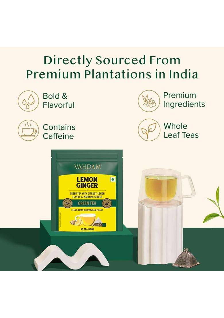 Vahdam Lemon Ginger Green Tea | 50 TB | Boosts Metabolism & Supports Immunity | Ginger, Tulsi, Orange Peel & Black Pepper | Low Caffeine | Non-GMO - Indya