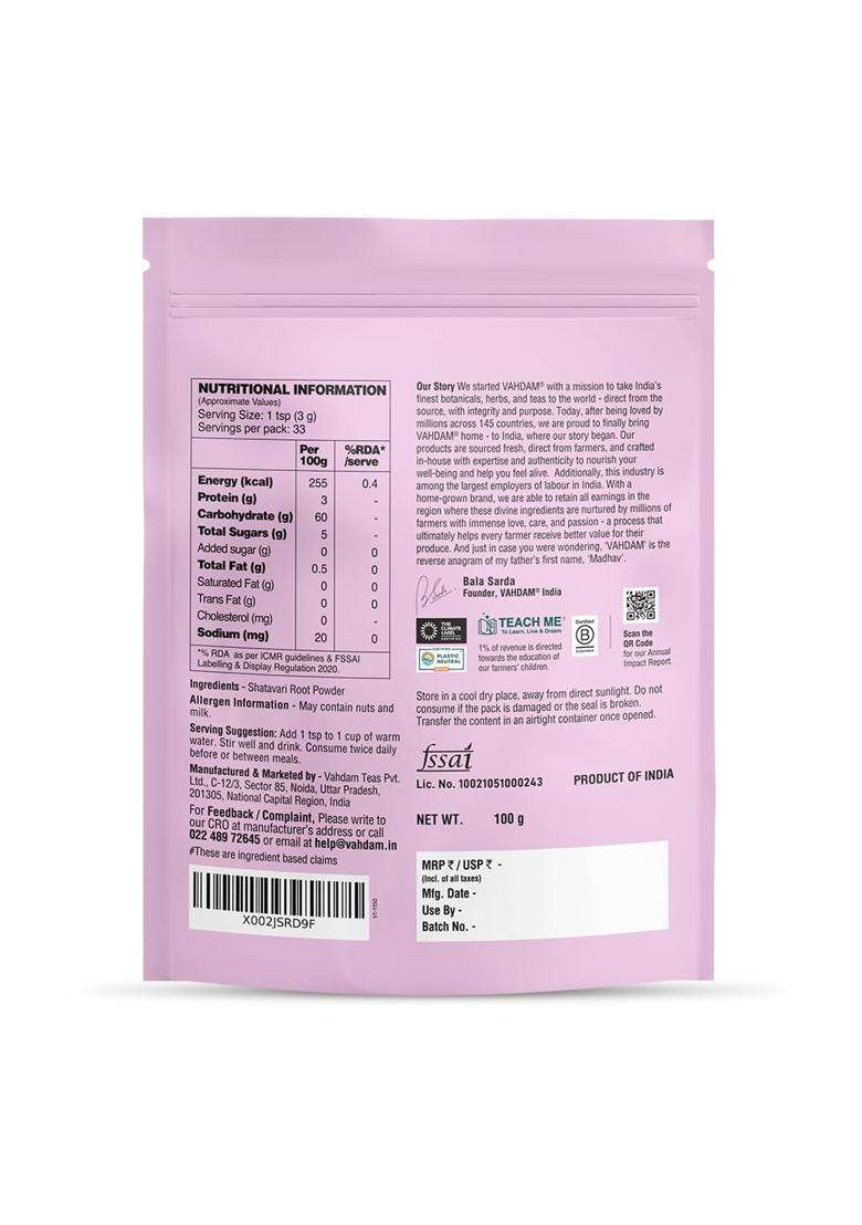 Vahdam Shatavari Powder 100g | Natural Herbal Care | Pure Shatavari Root Powder | Lactation & Hormonal Balance Support | Reproductive Wellness | Vegan - Indya