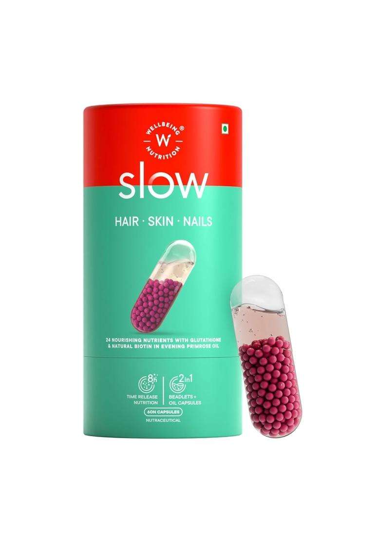 Wellbeing Nutrition Slow Skin Hair And Nails Capsule For Men & Women 60 Capsules | Skin Hair Nails Vitamins | Glutathione, Hyaluronic Acid, Biotin - Indya