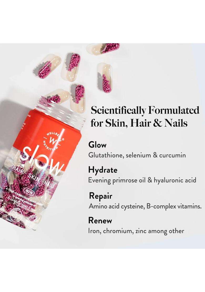 Wellbeing Nutrition Slow Skin Hair And Nails Capsule For Men & Women 60 Capsules | Skin Hair Nails Vitamins | Glutathione, Hyaluronic Acid, Biotin - Indya