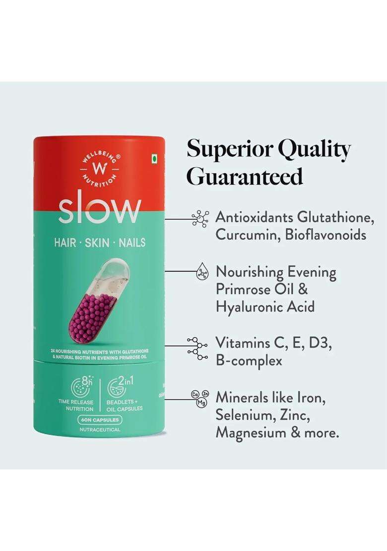 Wellbeing Nutrition Slow Skin Hair And Nails Capsule For Men & Women 60 Capsules | Skin Hair Nails Vitamins | Glutathione, Hyaluronic Acid, Biotin - Indya
