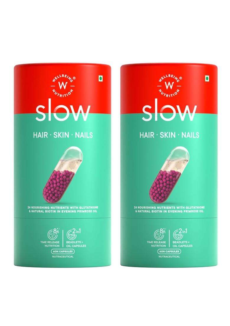 Wellbeing Nutrition Slow Skin Hair & Nails Supplement For Men & Women 60 Capsules | Skin Hair Nails Vitamin | Glutathione,Hyaluronic Acid,Biotin - Indya