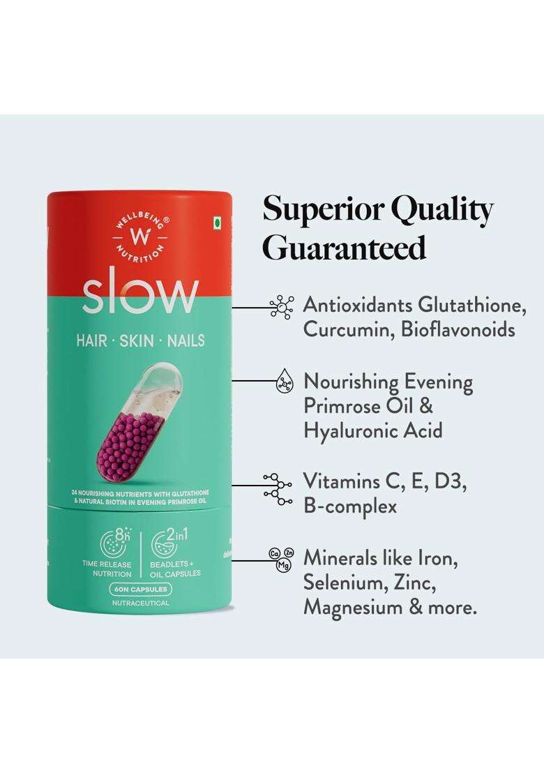 Wellbeing Nutrition Slow Skin Hair & Nails Supplement For Men & Women 60 Capsules | Skin Hair Nails Vitamin | Glutathione,Hyaluronic Acid,Biotin - Indya