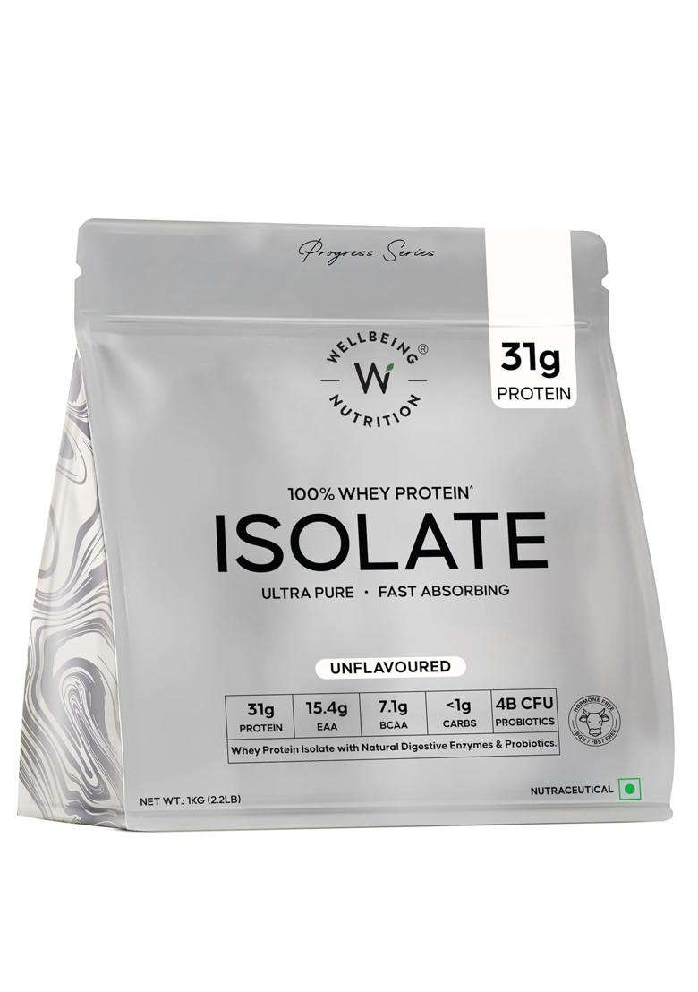 Wellbeing Nutrition Clean Whey Protein Isolate 1kg Unflavoured | 31g Protein, 7.1g Bcaa | 4B CFU Probiotics & Natural Digestive Enzymes - Indya