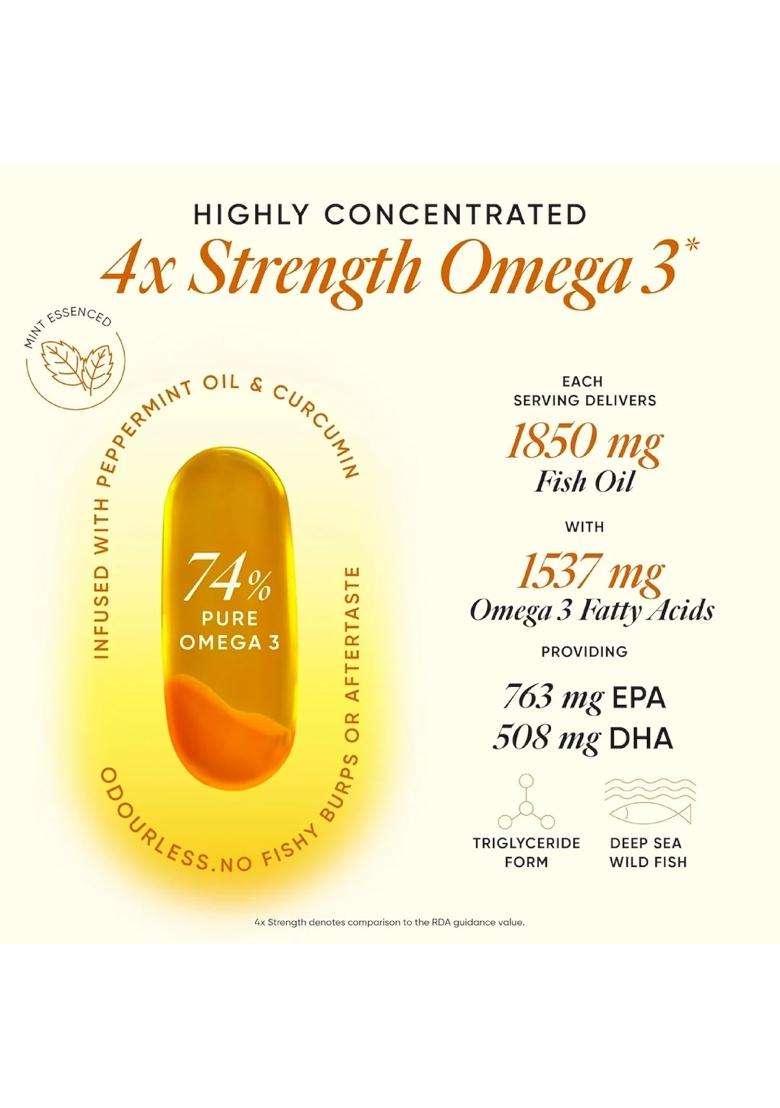 Wellbeing Nutrition Slow 6x Strength Omega 3 Fish Oil Capsules 2400mg | 2400mg with EPA 1080mg, DHA 800mg & Curcumin for Men & Women | No Fishy Burp - Indya