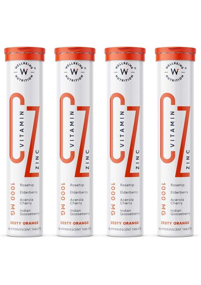 Wellbeing Nutrition Vitamin C + Zinc | Natural and Organic Immunity Booster | 100% RDA Vitamin C (64 Effervescent Tablets) - Indya
