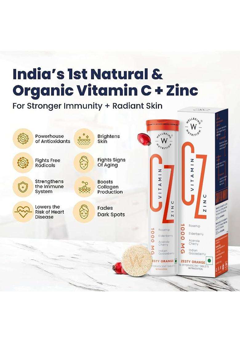 Wellbeing Nutrition Vitamin C + Zinc | Natural and Organic Immunity Booster | 100% RDA Vitamin C (64 Effervescent Tablets) - Indya