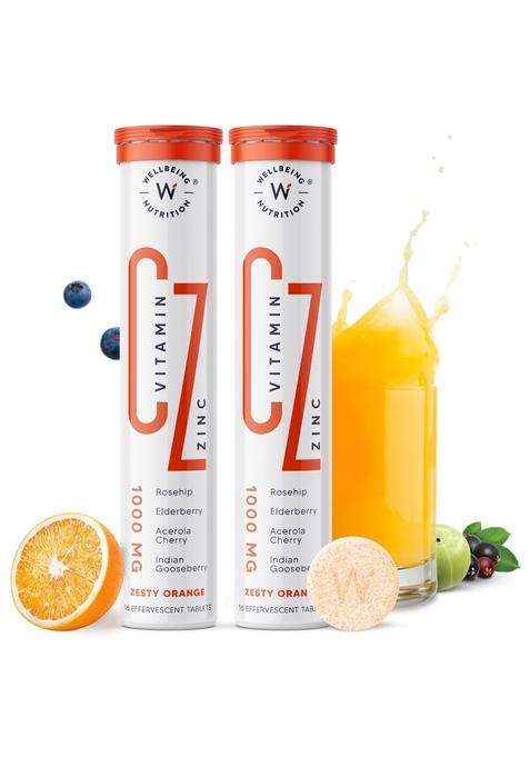 Wellbeing Nutrition Vitamin C + Zinc 1000mg | Natural and Organic Immunity Booster | 100% RDA | 1000mg Vitamin C (32 Effervescent Tablets)