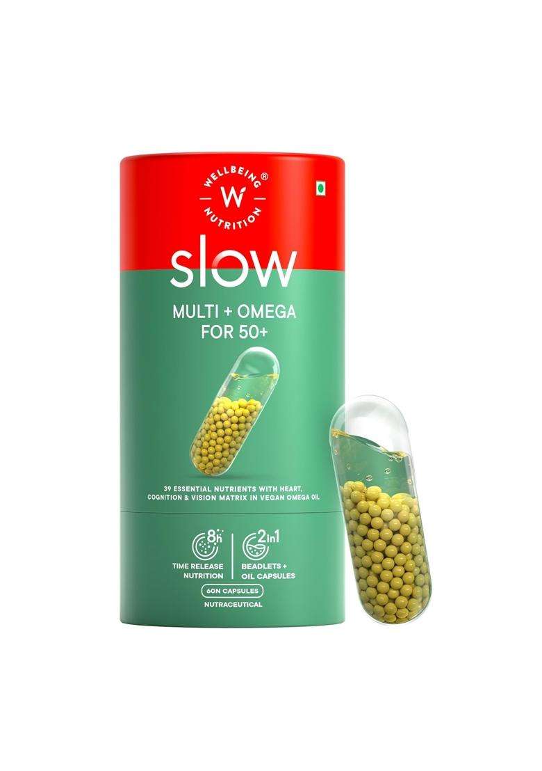 Wellbeing Nutrition Slow Multivitamin + Omega 3 for Men & Women, Adult 50+ 60 Veg Capsules | Energy, Immunity, Joint, Heart & Memory, 60 Veg Capsules - Indya
