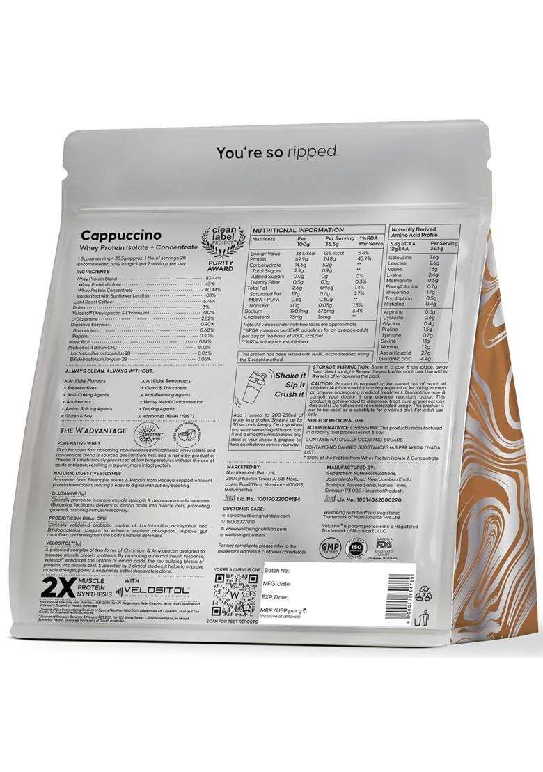 Wellbeing Nutrition Clean Whey Protein Isolate & Concentrate 1Kg Cappuccino - Indya