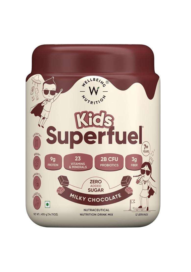 Wellbeing Nutrition Kids Superfuel 7+years 9g | Zero Added Sugar | 9g Milk Protein Isolate, 23 Vitamins & Minerals, 100mg DHA, 3g Fiber, Probiotics - Indya
