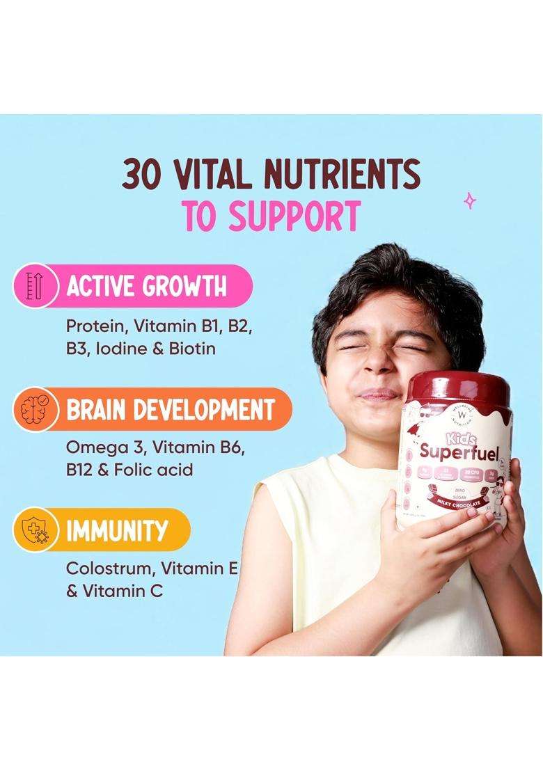 Wellbeing Nutrition Kids Superfuel 7+years 9g | Zero Added Sugar | 9g Milk Protein Isolate, 23 Vitamins & Minerals, 100mg DHA, 3g Fiber, Probiotics - Indya