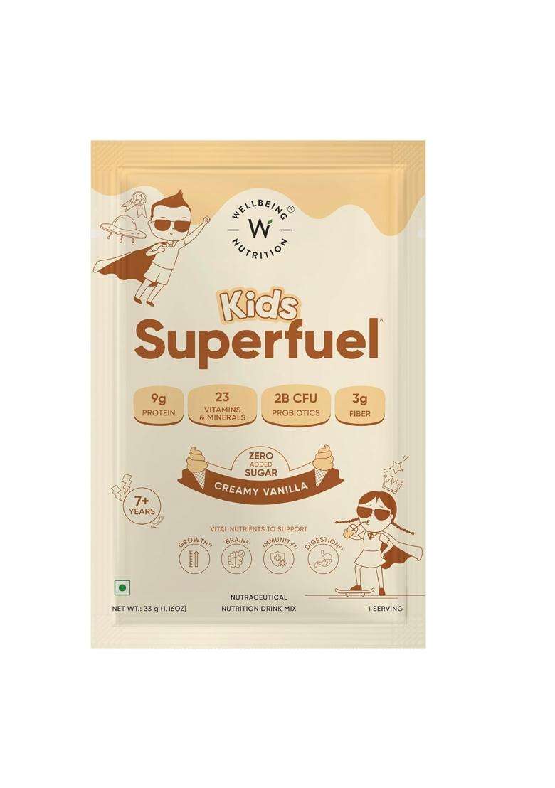 Wellbeing Nutrition Kids Superfuel 7+years 9g | Zero Added Sugar | 9g Milk Protein Isolate, 23 Vitamins & Minerals, 100mg DHA, 3g Fiber, Probiotics - Indya