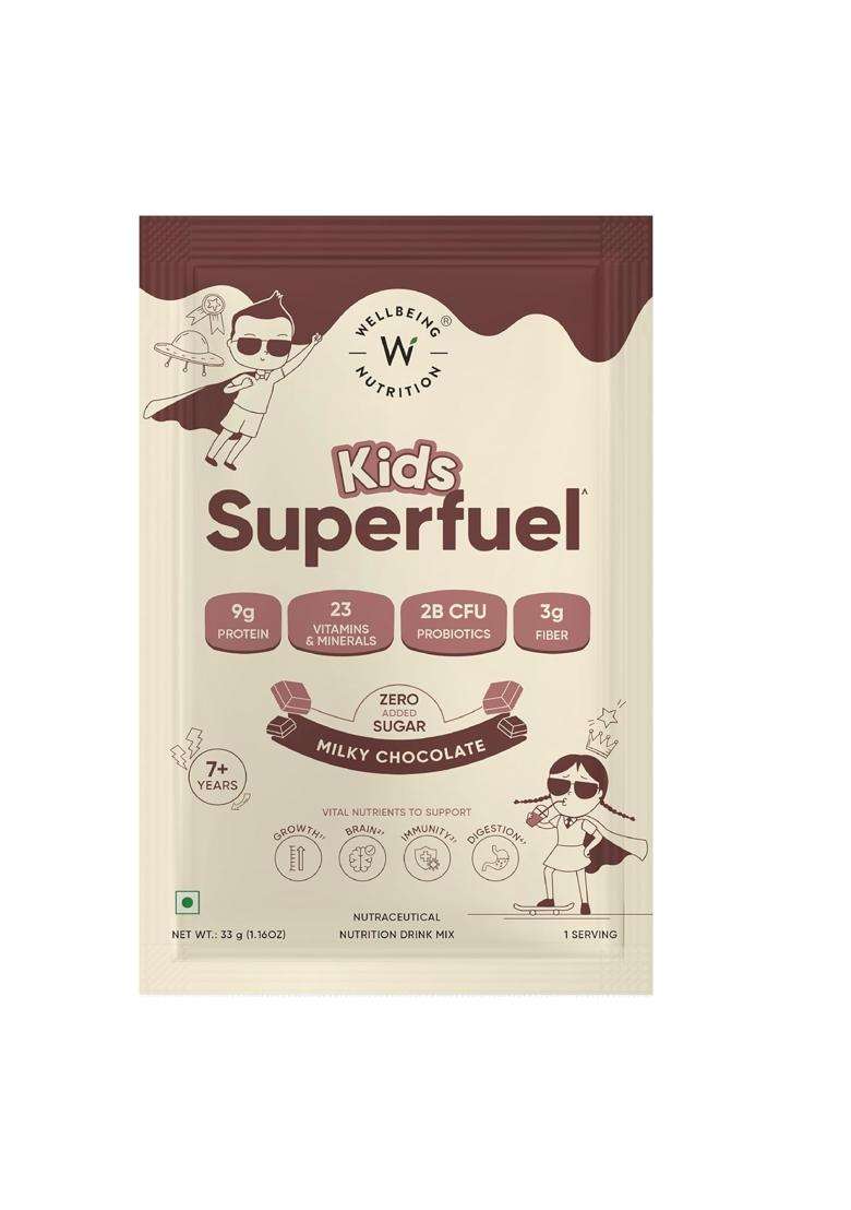 Wellbeing Nutrition Kids Superfuel 7+years 9g | Zero Added Sugar | 9g Milk Protein Isolate, 23 Vitamins & Minerals, 100mg DHA, 3g Fiber, Probiotics - Indya