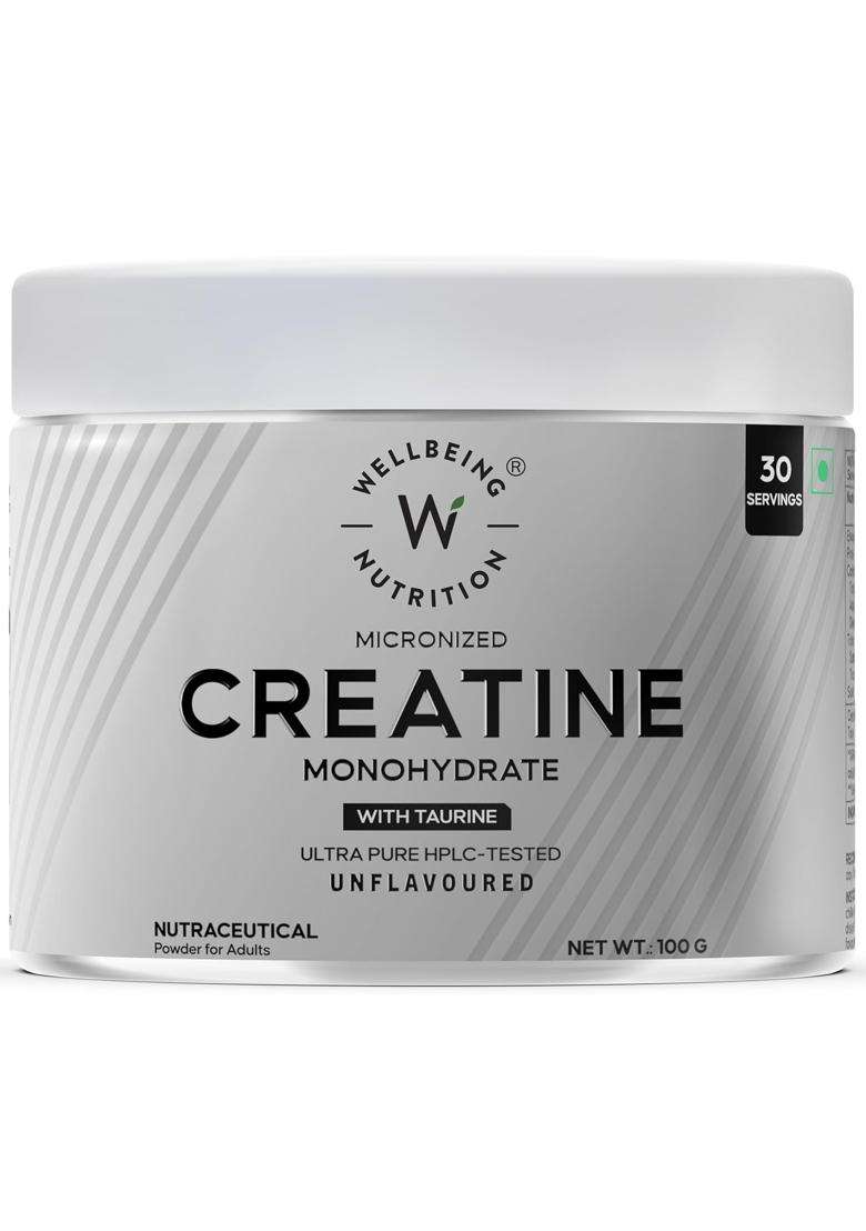 Wellbeing Nutrition Creatine Monohydrate Pure Micronised Powder 100g | Rapid Absorption | Enhanced Muscle Strength, Performance, Recovery & Cognition - Indya