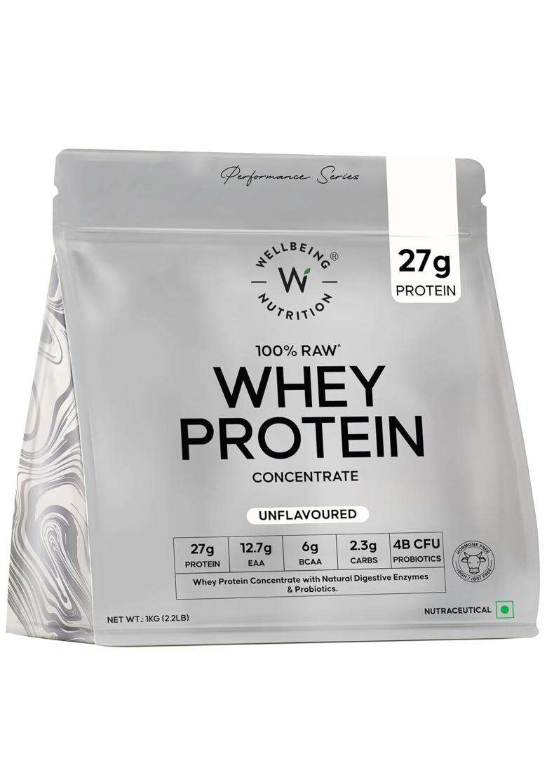 Wellbeing Nutrition Clean Whey Protein Concentrate 1kg Unflavoured | 27g Protein, 6g Bcaa | 4B CFU Probiotics & Digestive Enzymes - Indya