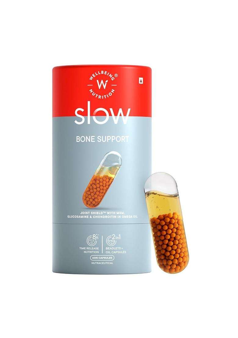 Wellbeing Nutrition Slow Bone & Joint Support Supplement with Glucosamine, Chondroitin, MSM, Calcium, Vitamin D3, Magnesium, Boswellia & Omega 3 Fish - Indya