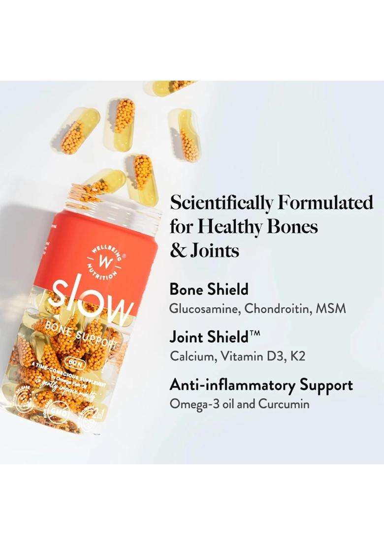 Wellbeing Nutrition Slow Bone & Joint Support Supplement with Glucosamine, Chondroitin, MSM, Calcium, Vitamin D3, Magnesium, Boswellia & Omega 3 Fish - Indya