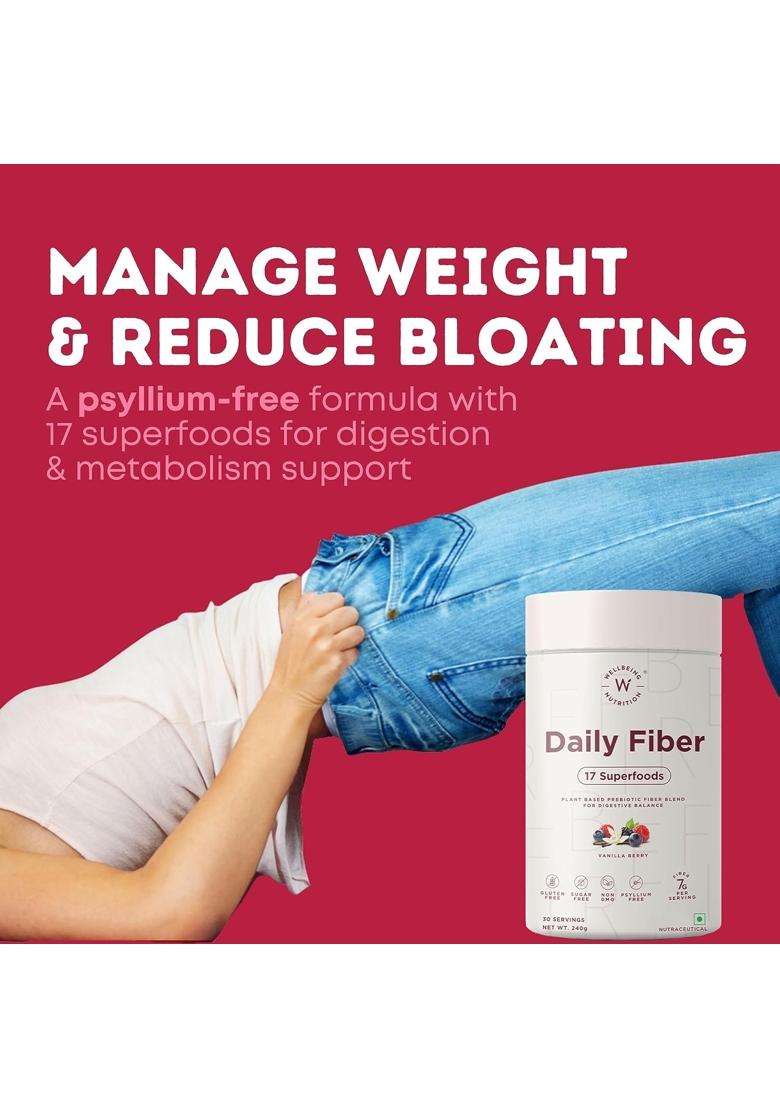 Wellbeing Nutrition Daily Fiber Powder | Weight Management, Manages Sugar Control, Bloating, Constipation & Acidity Relief | Vanilla Berry - Indya