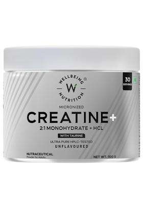 Wellbeing Nutrition 100% Pure Micronised Creatine Powder Monohydrate + HCL 100g | Taurine | For Muscle Strength & Recovery, Muscle Growth & Cognition