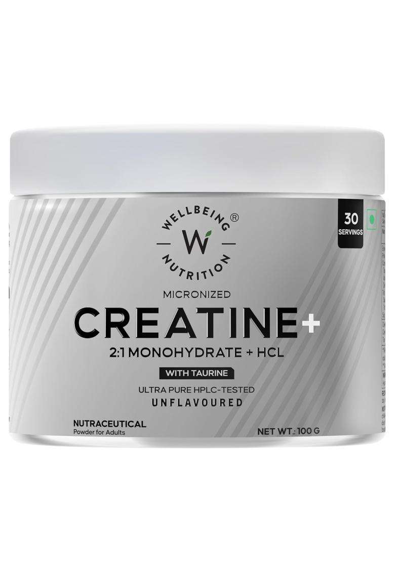 Wellbeing Nutrition 100% Pure Micronised Creatine Powder Monohydrate + HCL 100g | Taurine | For Muscle Strength & Recovery, Muscle Growth & Cognition - Indya