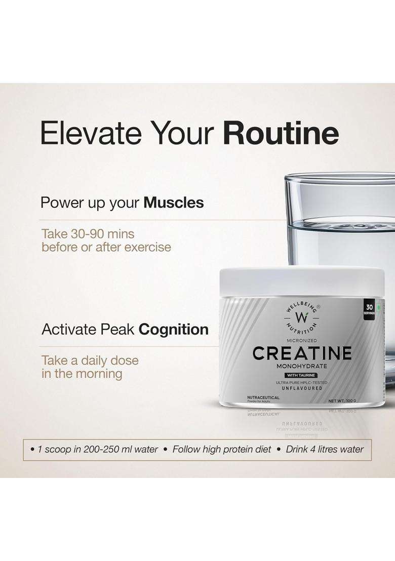 Wellbeing Nutrition 100% Pure Micronised Creatine Powder Monohydrate + HCL 100g | Taurine | For Muscle Strength & Recovery, Muscle Growth & Cognition - Indya