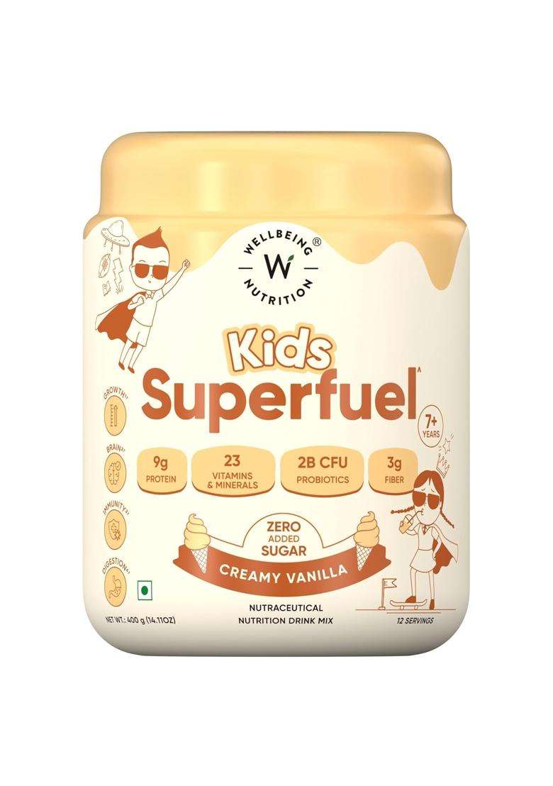 Wellbeing Nutrition Kids Superfuel 7+years 9g | Zero Added Sugar | 9g Milk Protein Isolate, 23 Vitamins & Minerals, 100mg DHA, 3g Fiber, Probiotics - Indya
