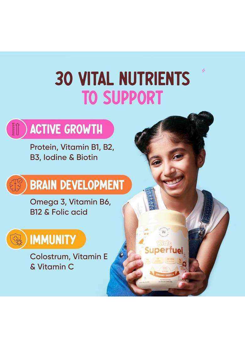 Wellbeing Nutrition Kids Superfuel 7+years 9g | Zero Added Sugar | 9g Milk Protein Isolate, 23 Vitamins & Minerals, 100mg DHA, 3g Fiber, Probiotics - Indya