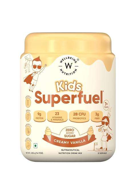 Wellbeing Nutrition Kids Superfuel 7+years 9g | Zero Added Sugar | 9g Milk Protein Isolate, 23 Vitamins & Minerals, 100mg DHA, 3g Fiber, Probiotics