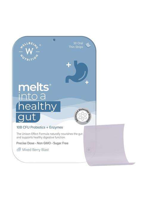 Wellbeing Nutrition Melts Healthy Gut | 10B CFU Probiotics, Digestive Enzymes, FOS