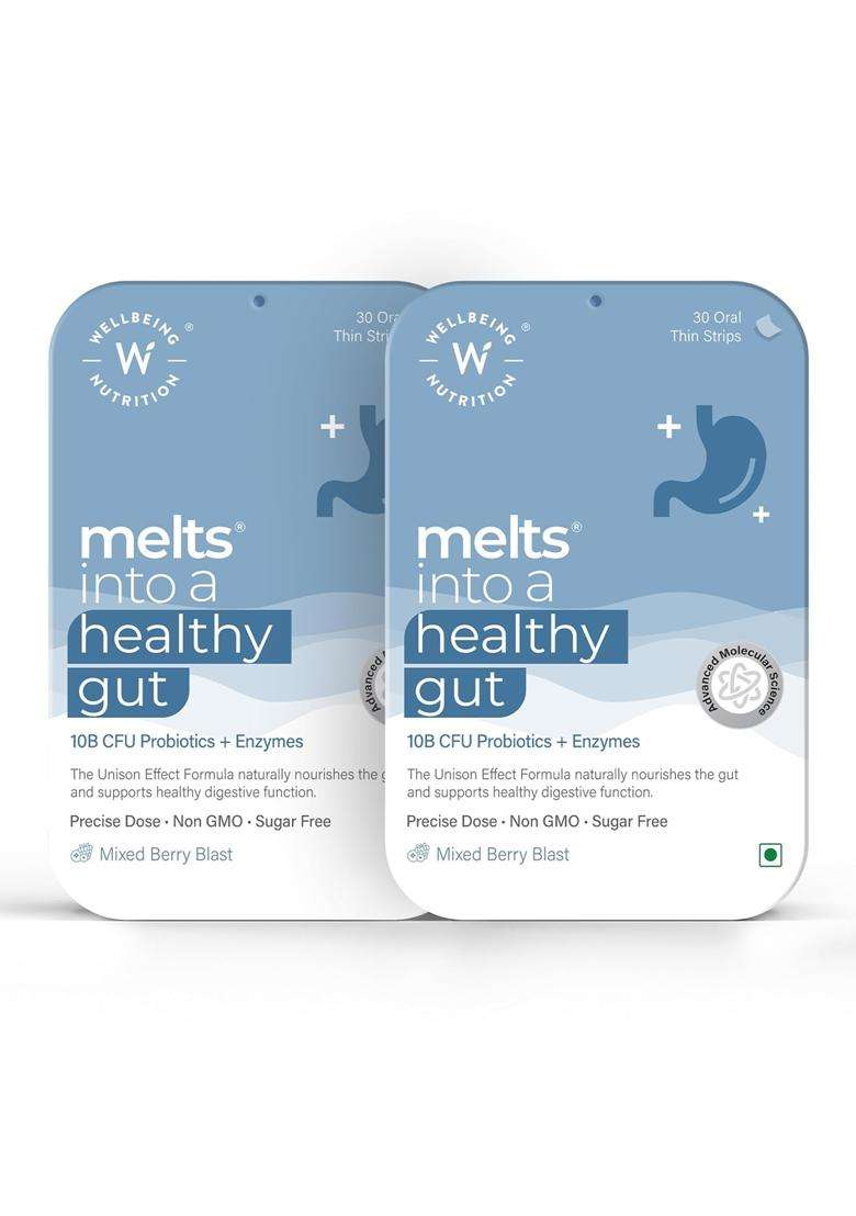 Wellbeing Nutrition Melts Healthy Gut (60 Oral Strips)To Curb Indigestion, Gas, Acidity And Bloating, Gut Health Supplement With 10 Billion Cfu - Indya