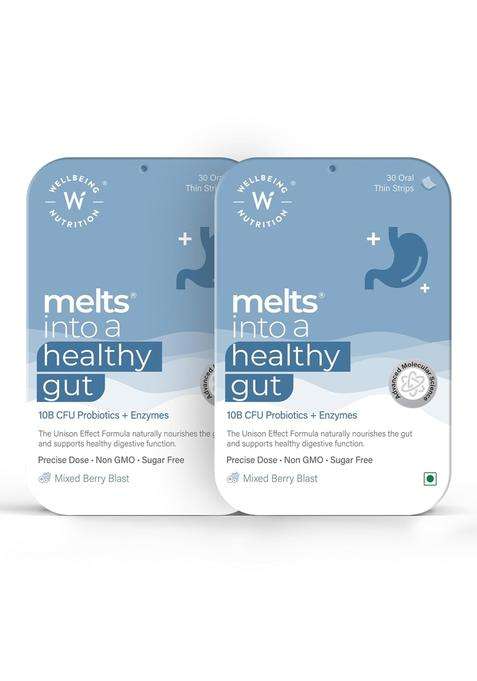 Wellbeing Nutrition Melts Healthy Gut (60 Oral Strips)To Curb Indigestion, Gas, Acidity And Bloating, Gut Health Supplement With 10 Billion Cfu