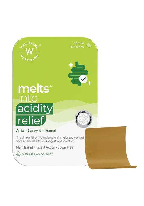 Wellbeing Nutrition Melts Acidity Relief | Clinically Proven Natural Antacid with Amla, Caraway, Fennel, Mint