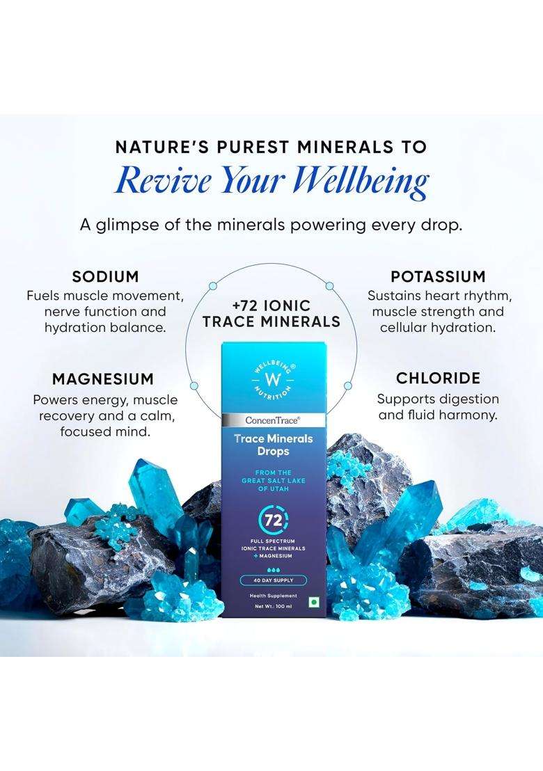 Wellbeing Nutrition Liquid Trace Minerals Drops with Concentrace 48 ml | Full Spectrum 70+ Ionic Minerals, Magnesium, Electrolytes | 40 servings - Indya