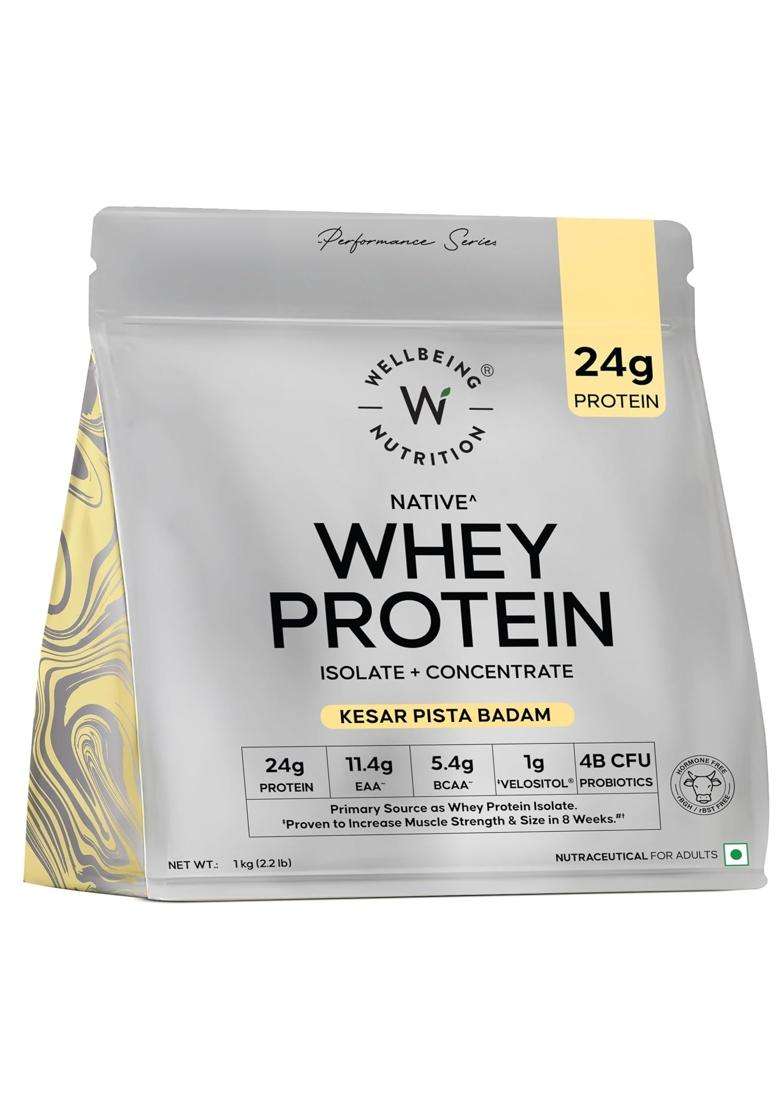 Wellbeing Nutrition Clean Whey Protein Isolate & Concentrate 1Kg Kesar Pista Badam - Indya