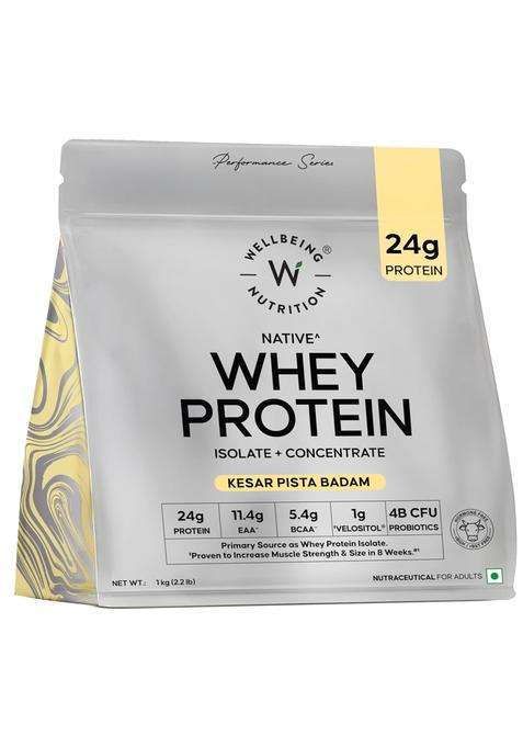 Wellbeing Nutrition Clean Whey Protein Isolate & Concentrate 1Kg Kesar Pista Badam