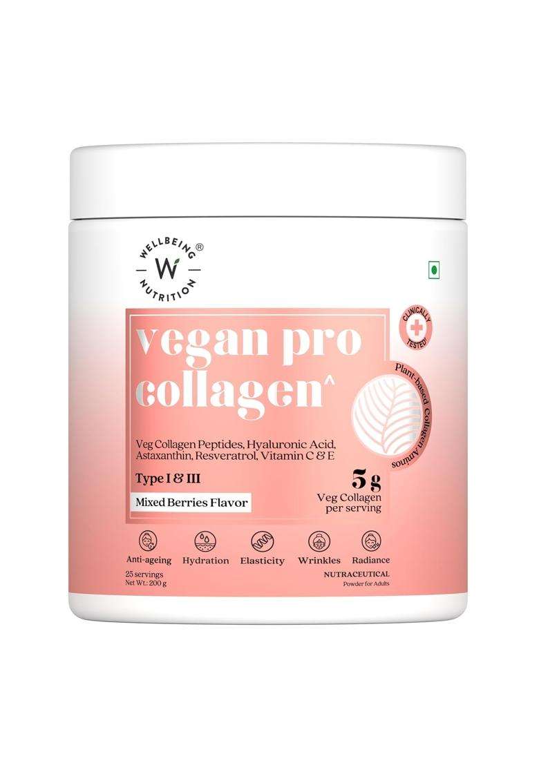 Wellbeing Nutrition Vegan Pro Collagen Peptides Supplement For Skin And Hair 5 g | 100% Plant Based 5 g Collagen, Mixed Berries, 200 g,Powder - Indya