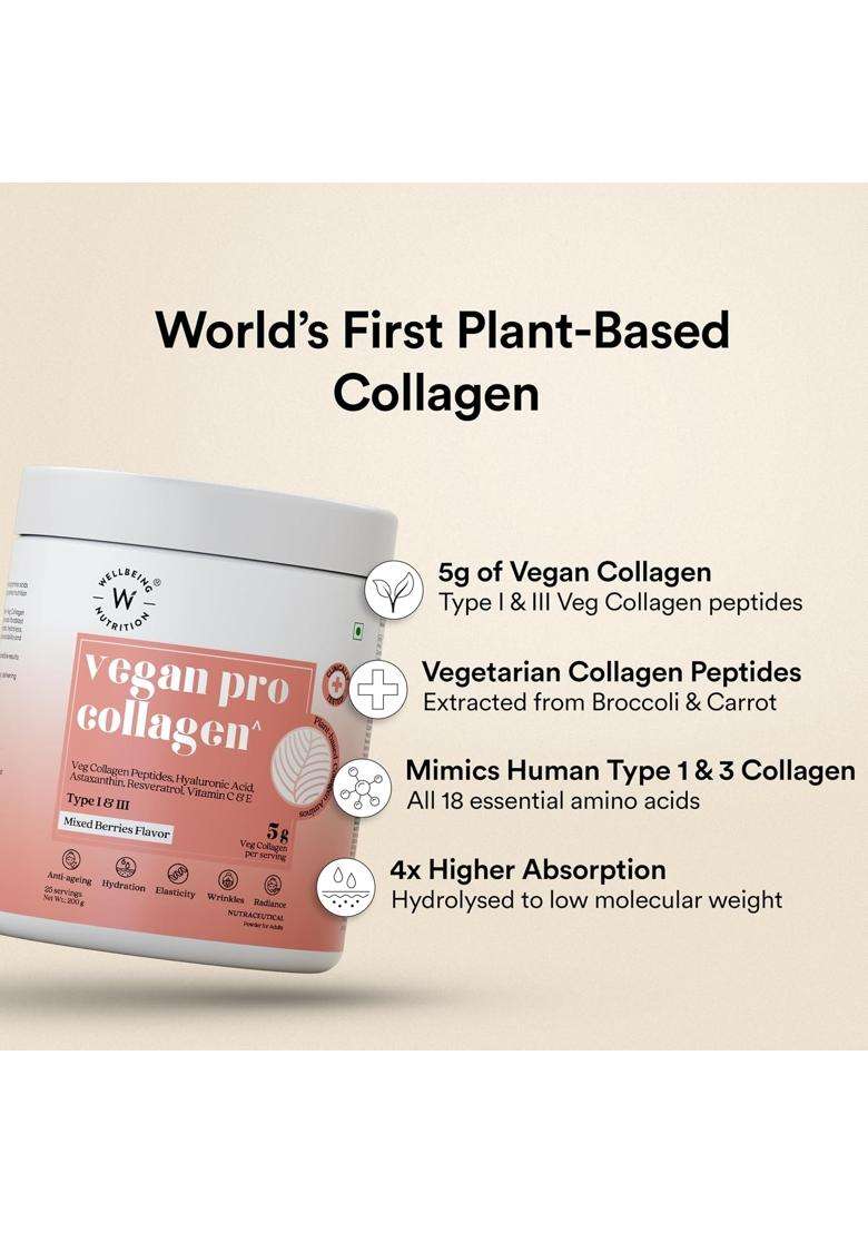 Wellbeing Nutrition Vegan Pro Collagen Peptides Supplement For Skin And Hair 5 g | 100% Plant Based 5 g Collagen, Mixed Berries, 200 g,Powder - Indya
