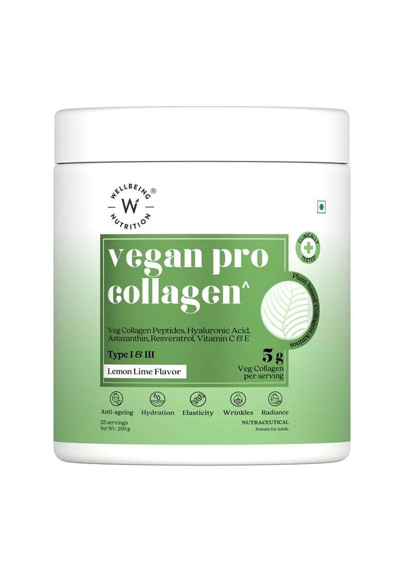 Wellbeing Nutrition Vegan Pro Collagen Peptides Supplement for Skin and Hair 5 g | 100% Plant Based 5 g Collagen, Lemon Lime, 200 g - Indya