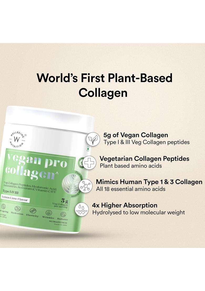 Wellbeing Nutrition Vegan Pro Collagen Peptides Supplement for Skin and Hair 5 g | 100% Plant Based 5 g Collagen, Lemon Lime, 200 g - Indya