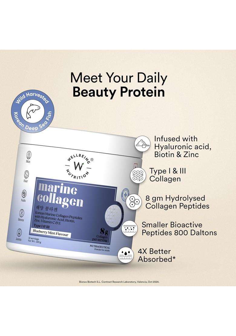 Wellbeing Nutrition Pure Korean Marine Collagen Peptides Supplement for Skin, Hair, Nails & Joints 8 g | Clinically Proven - Indya