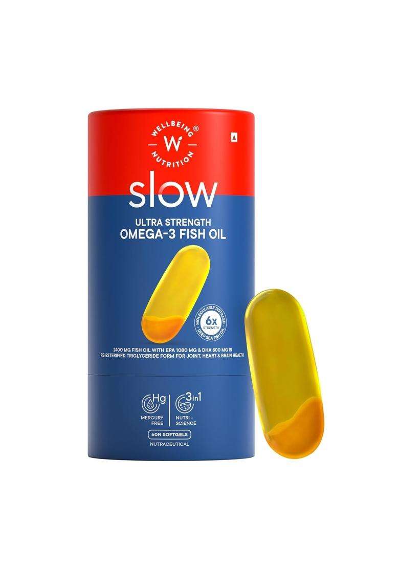 Wellbeing Nutrition Slow 6x Strength Omega 3 Fish Oil Capsules 2400mg | 2400mg with EPA 1080mg, DHA 800mg & Curcumin for Men & Women | No Fishy Burp - Indya